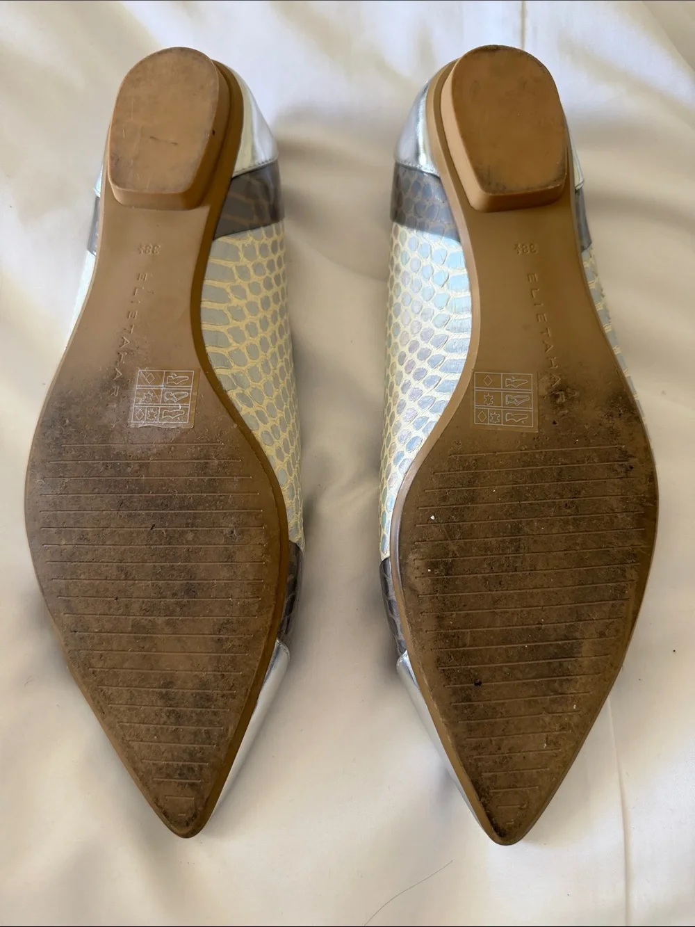 Elie Tahari Silver Pointed Flats with Snake-Print Band